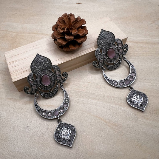 Fashion - Trendy Pink Color Oxidized/Silver Tone Chandelier Earrings