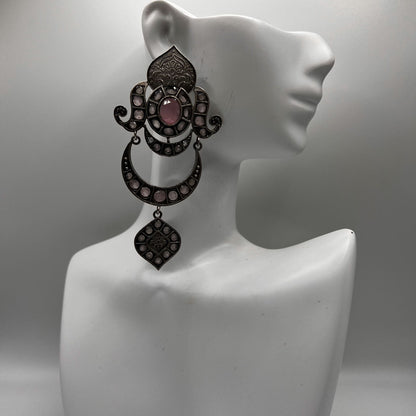 Fashion - Trendy Pink Color Oxidized/Silver Tone Chandelier Earrings