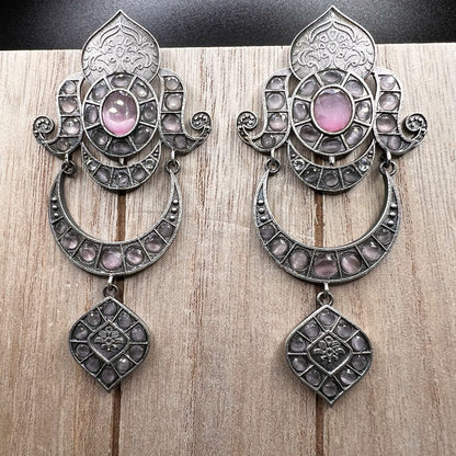 Fashion - Trendy Pink Color Oxidized/Silver Tone Chandelier Earrings