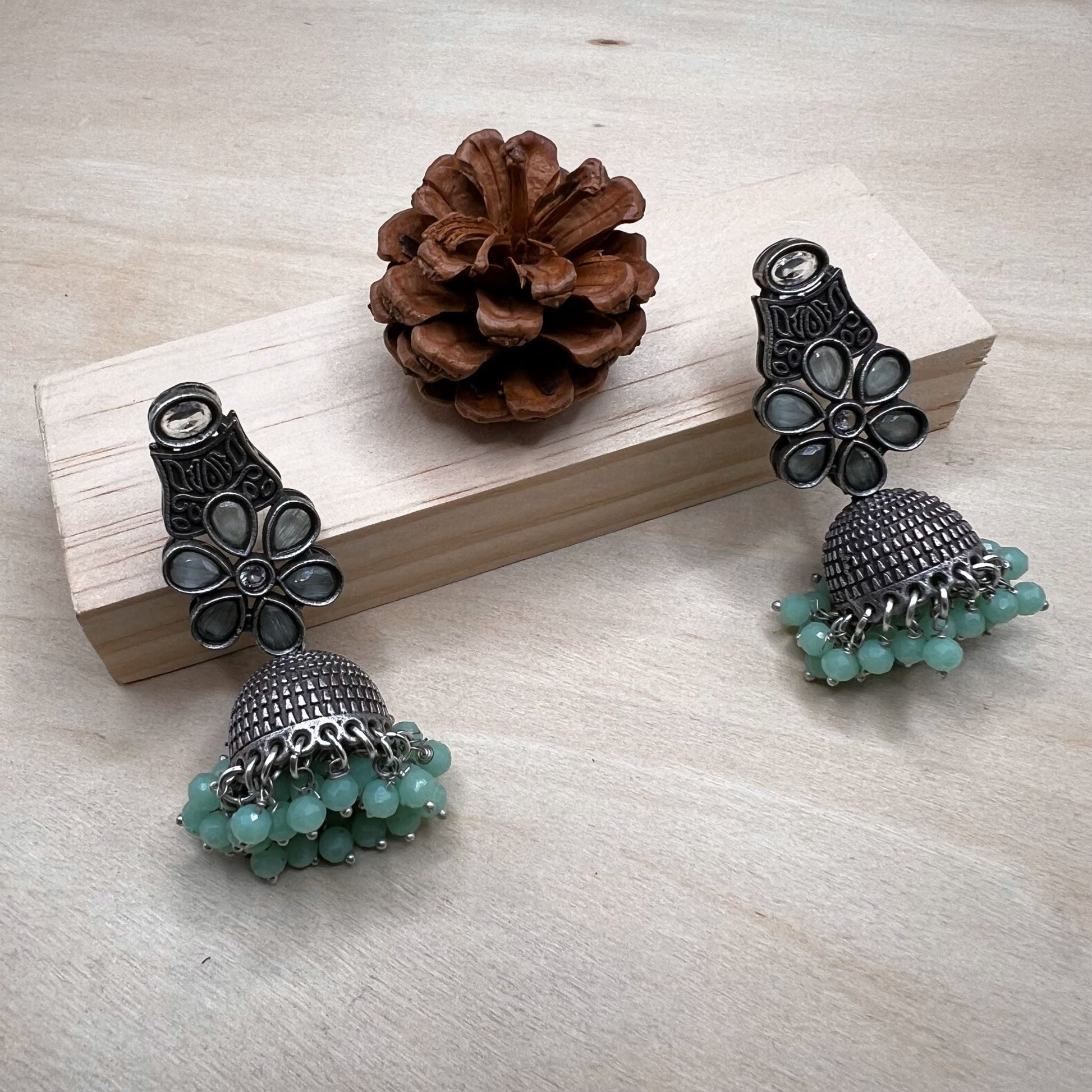 Fashion - Classic Mint Green Color Oxidized/Silver Tone Jhumka Earrings