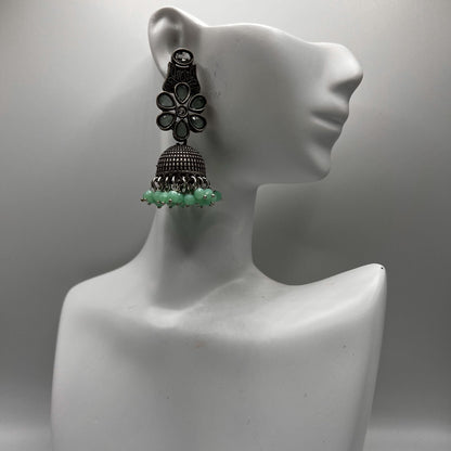 Fashion - Classic Mint Green Color Oxidized/Silver Tone Jhumka Earrings