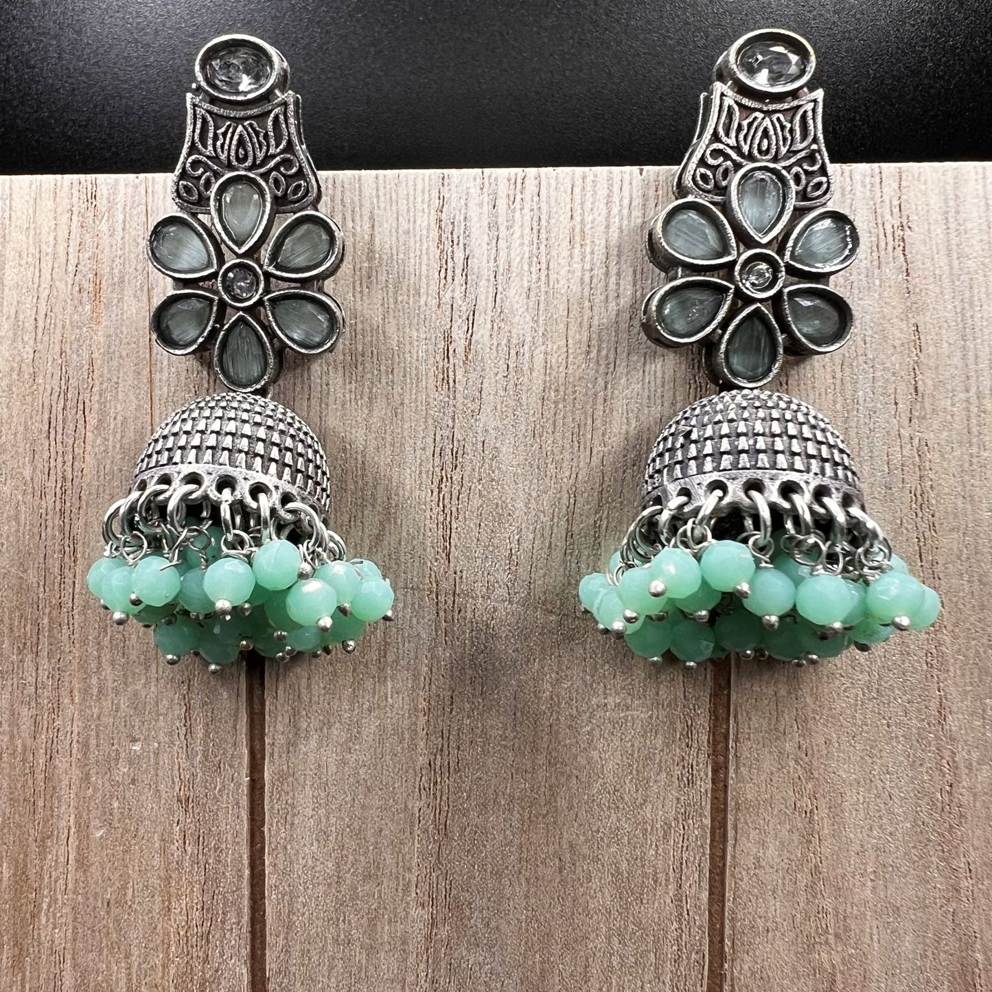 Fashion - Classic Mint Green Color Oxidized/Silver Tone Jhumka Earrings