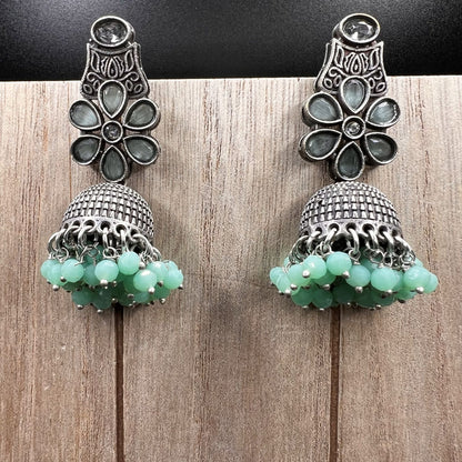 Fashion - Classic Mint Green Color Oxidized/Silver Tone Jhumka Earrings