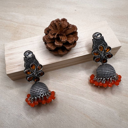 Fashion - Classic Orange Color Oxidized/Silver Tone Jhumka Earrings