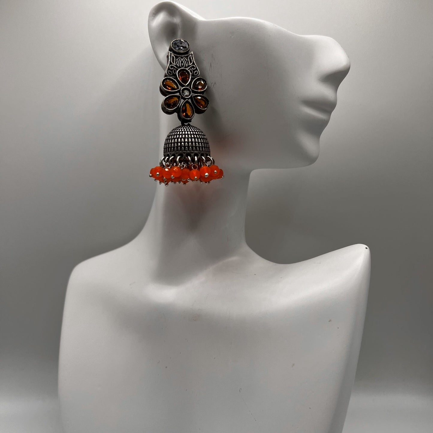 Fashion - Classic Orange Color Oxidized/Silver Tone Jhumka Earrings