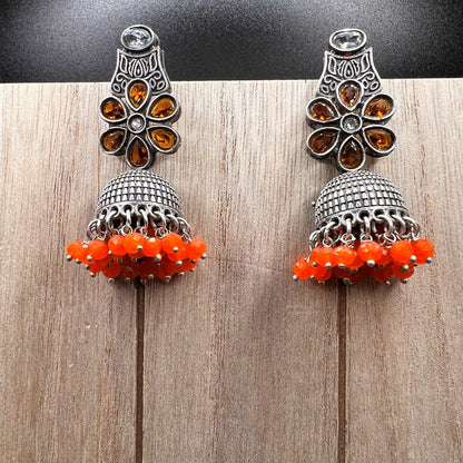 Fashion - Classic Orange Color Oxidized/Silver Tone Jhumka Earrings