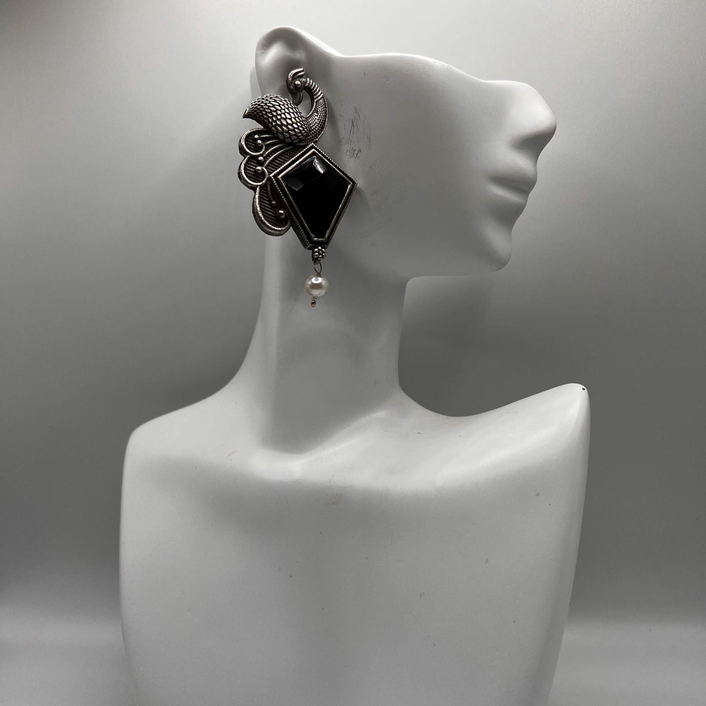 Fashion - Peacock Design Classic Black Color Oxidized/Silver Tone Stud Earrings