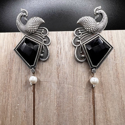 Fashion - Peacock Design Classic Black Color Oxidized/Silver Tone Stud Earrings