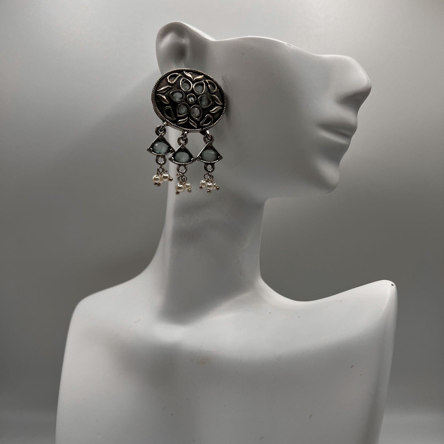 Fashion - Real Silver Look-Alike Classic Mint Green Color Oxidized/Silver Tone Dangler Earrings