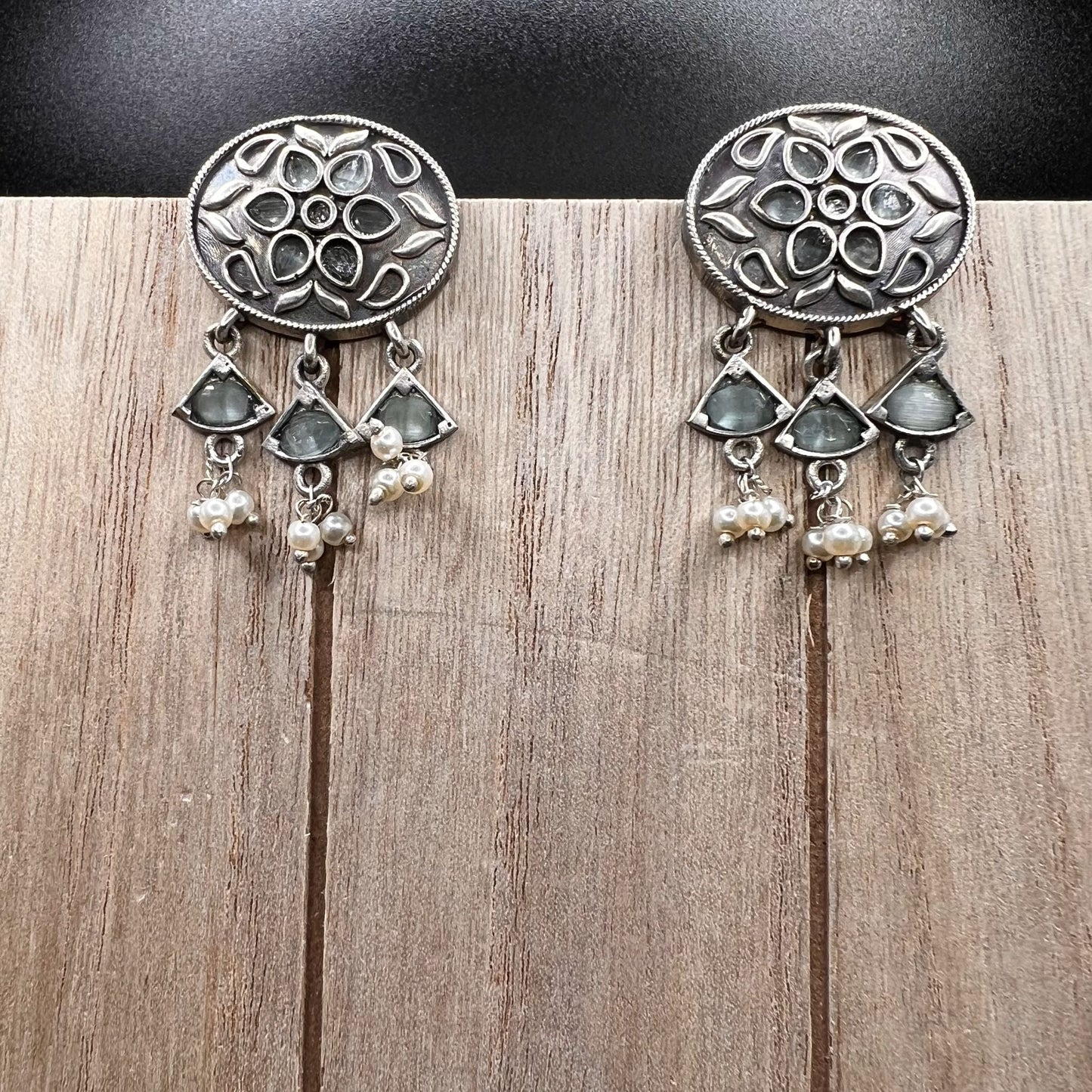 Fashion - Real Silver Look-Alike Classic Mint Green Color Oxidized/Silver Tone Dangler Earrings