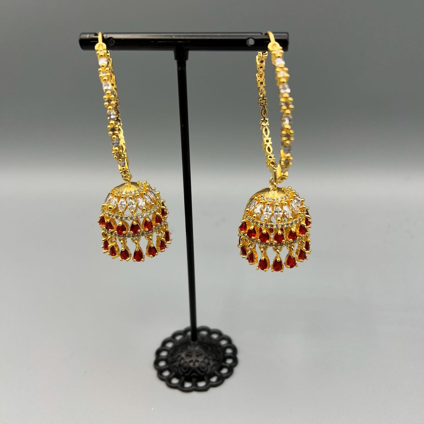 Fashion - Classic Red Color AD/CZ Stone Hoop/Jhumka Earrings