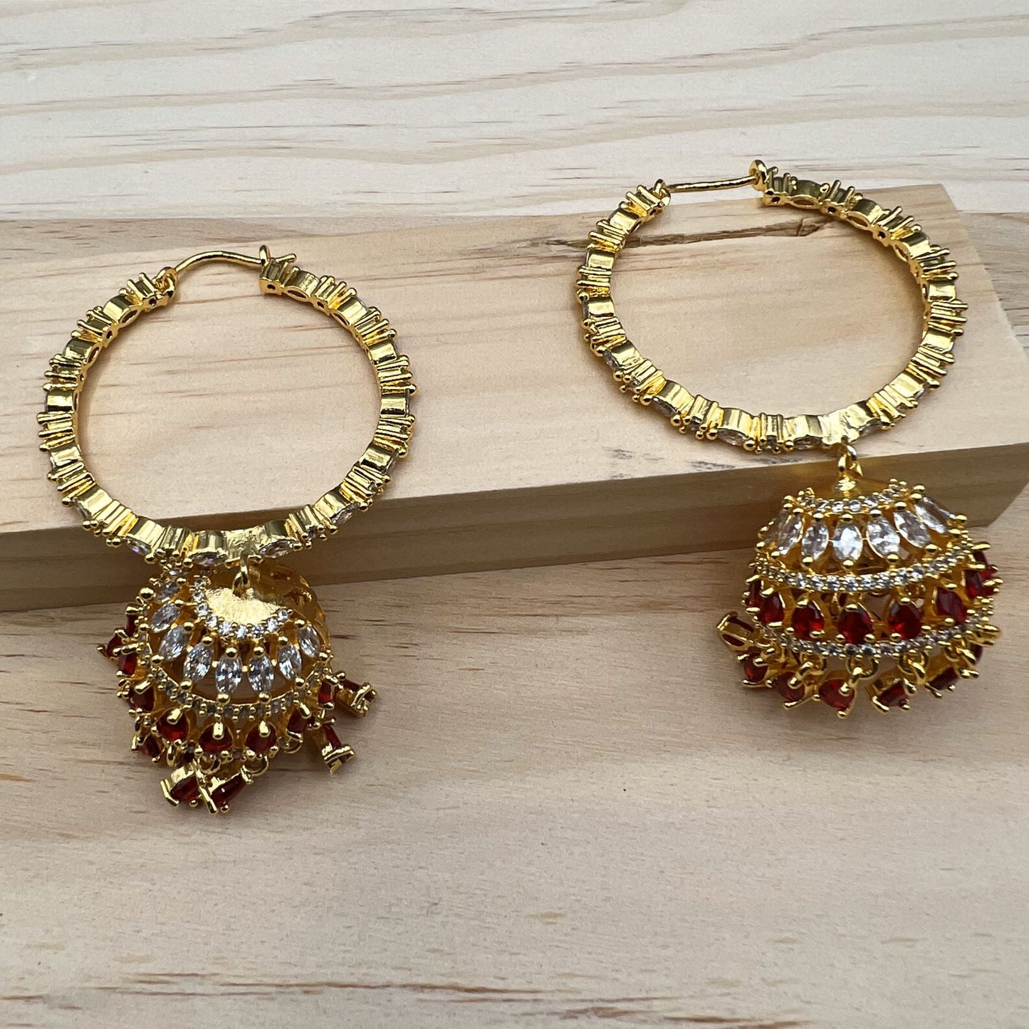 Fashion - Classic Red Color AD/CZ Stone Hoop/Jhumka Earrings