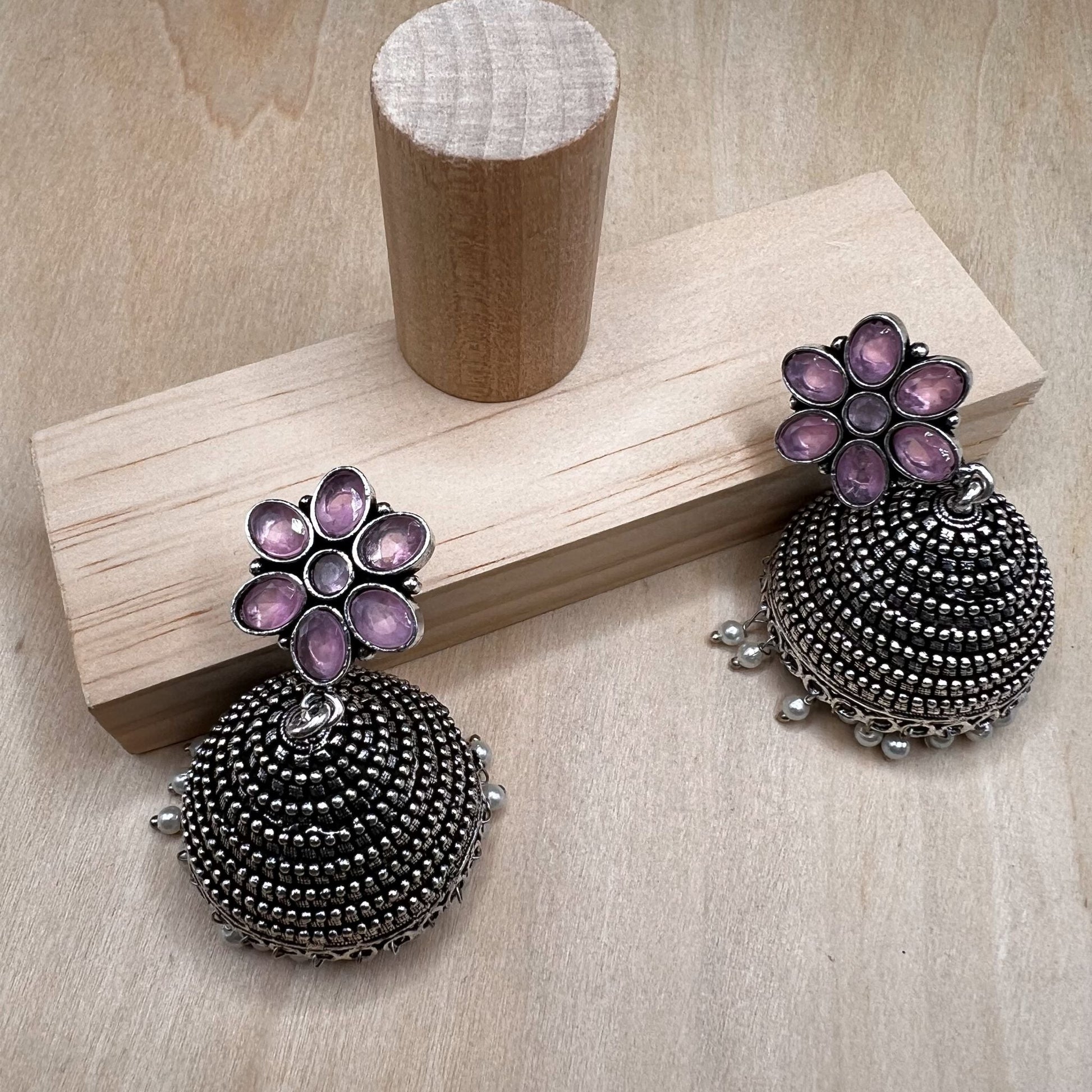 Fashion - Classic Pink Color Oxidized/Silver Tone Jhumka Earrings