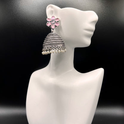 Fashion - Classic Pink Color Oxidized/Silver Tone Jhumka Earrings