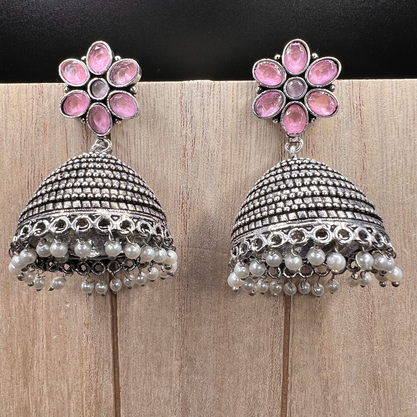 Fashion - Classic Pink Color Oxidized/Silver Tone Jhumka Earrings