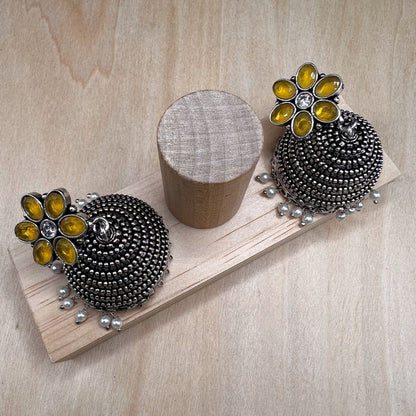 Fashion - Classic Yellow Color Oxidized/Silver Tone Jhumka Earrings