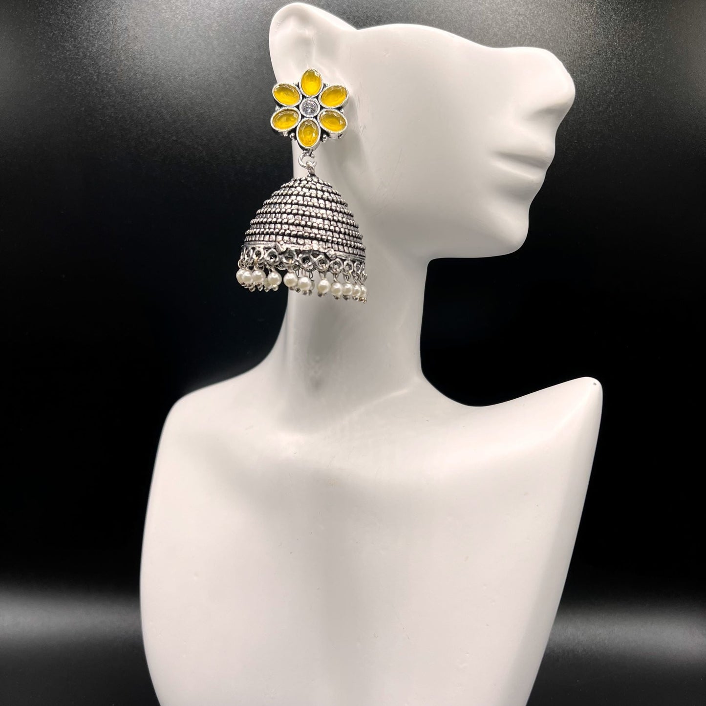 Fashion - Classic Yellow Color Oxidized/Silver Tone Jhumka Earrings