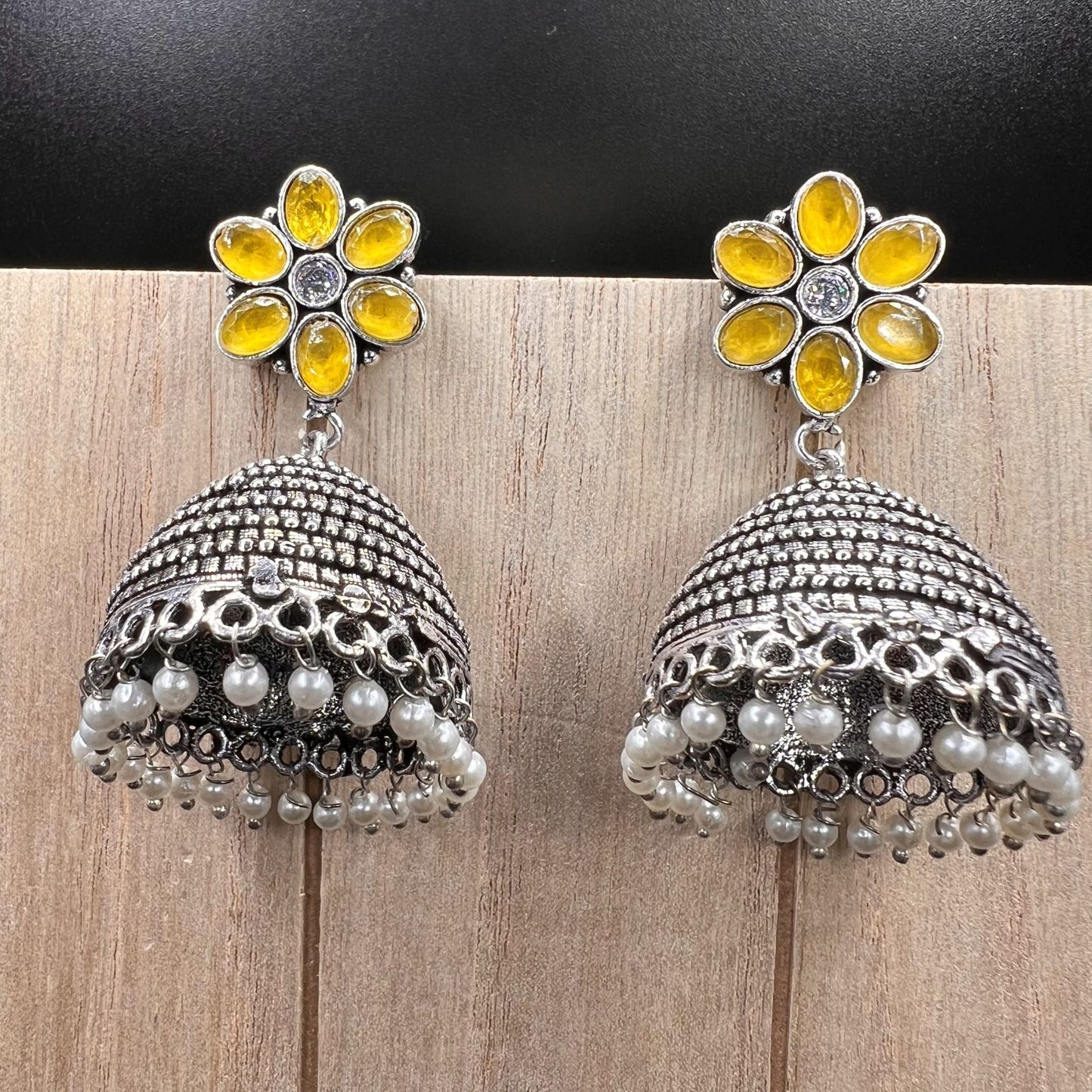 Fashion - Classic Yellow Color Oxidized/Silver Tone Jhumka Earrings