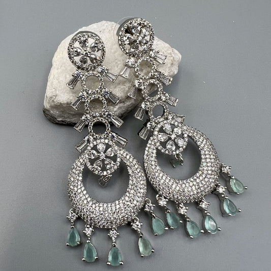 Fashion Designer Festive Pista Green Color AD/CZ Stone Chandelier Earrings