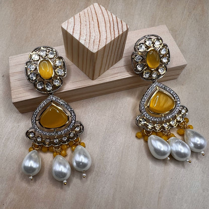 Fashion - Designer Festive Yellow, White Color Kundan/Polki Jewelry Chandelier Earrings