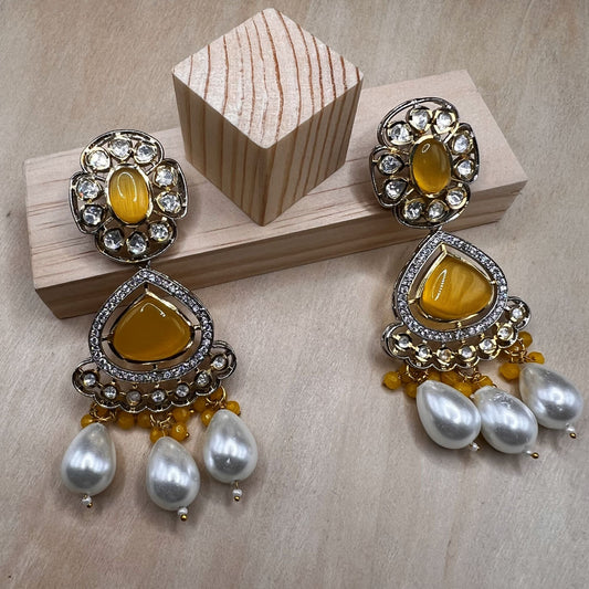 Fashion - Designer Festive Yellow, White Color Kundan/Polki Jewelry Chandelier Earrings