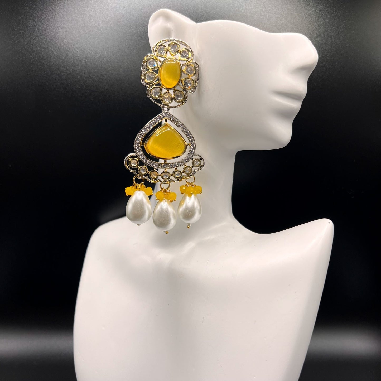 Fashion - Designer Festive Yellow, White Color Kundan/Polki Jewelry Chandelier Earrings