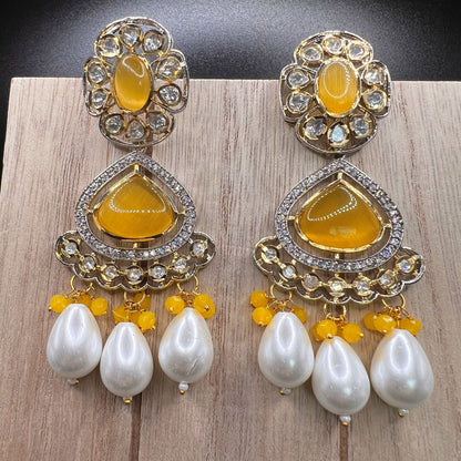 Fashion - Designer Festive Yellow, White Color Kundan/Polki Jewelry Chandelier Earrings