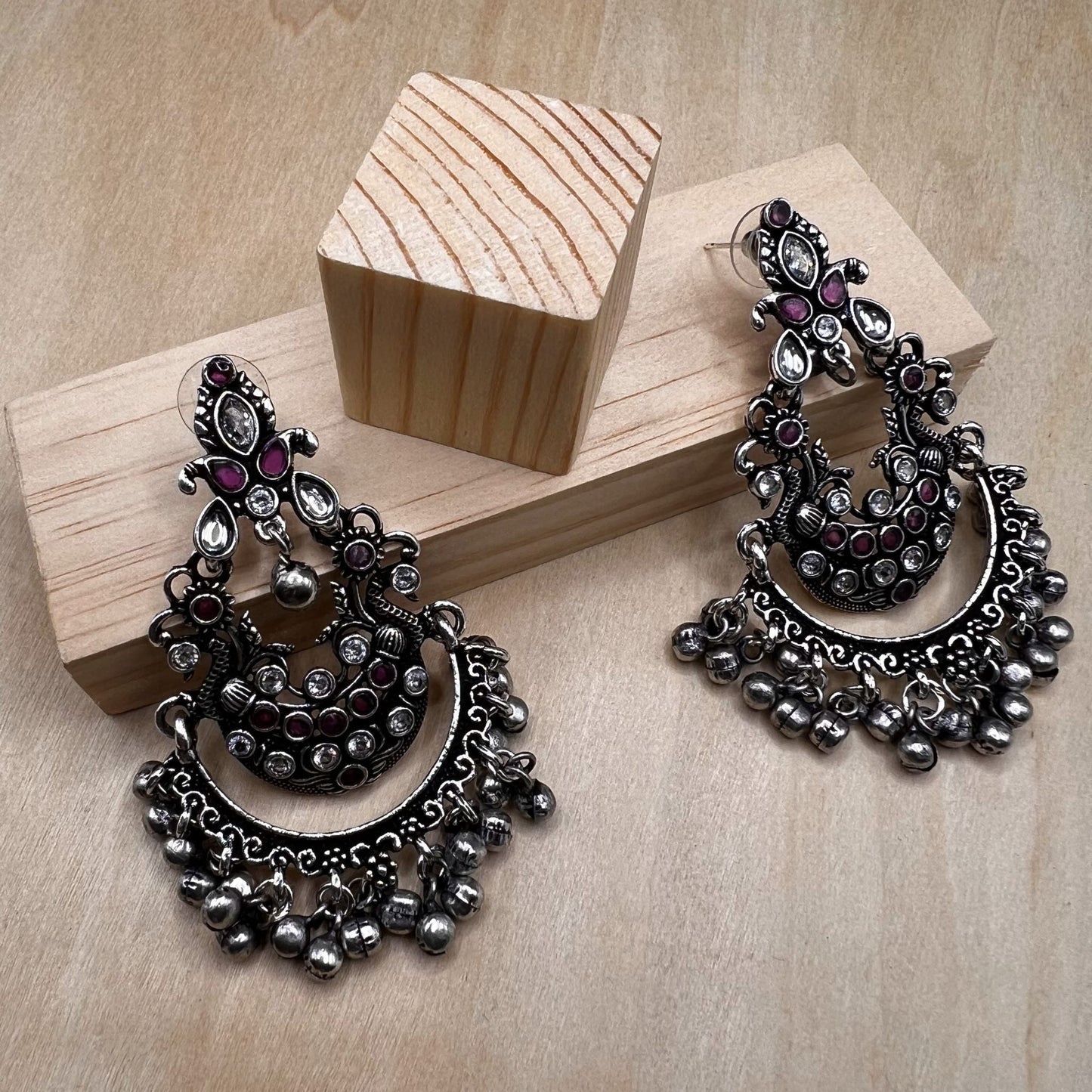 Fashion - Peacock Design Festive Ruby Pink, White Color Oxidized/Silver Tone Chandelier Earrings