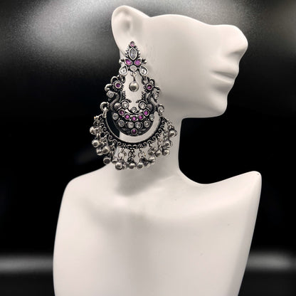 Fashion - Peacock Design Festive Ruby Pink, White Color Oxidized/Silver Tone Chandelier Earrings