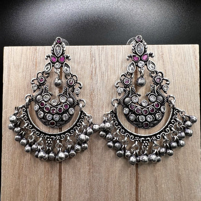 Fashion - Peacock Design Festive Ruby Pink, White Color Oxidized/Silver Tone Chandelier Earrings