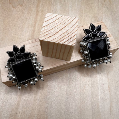 Fashion - Trendy Black Color Oxidized/Silver Tone Stud Earrings