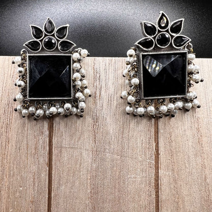 Fashion - Trendy Black Color Oxidized/Silver Tone Stud Earrings