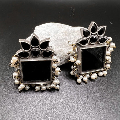 Fashion - Trendy Black Color Oxidized/Silver Tone Stud Earrings