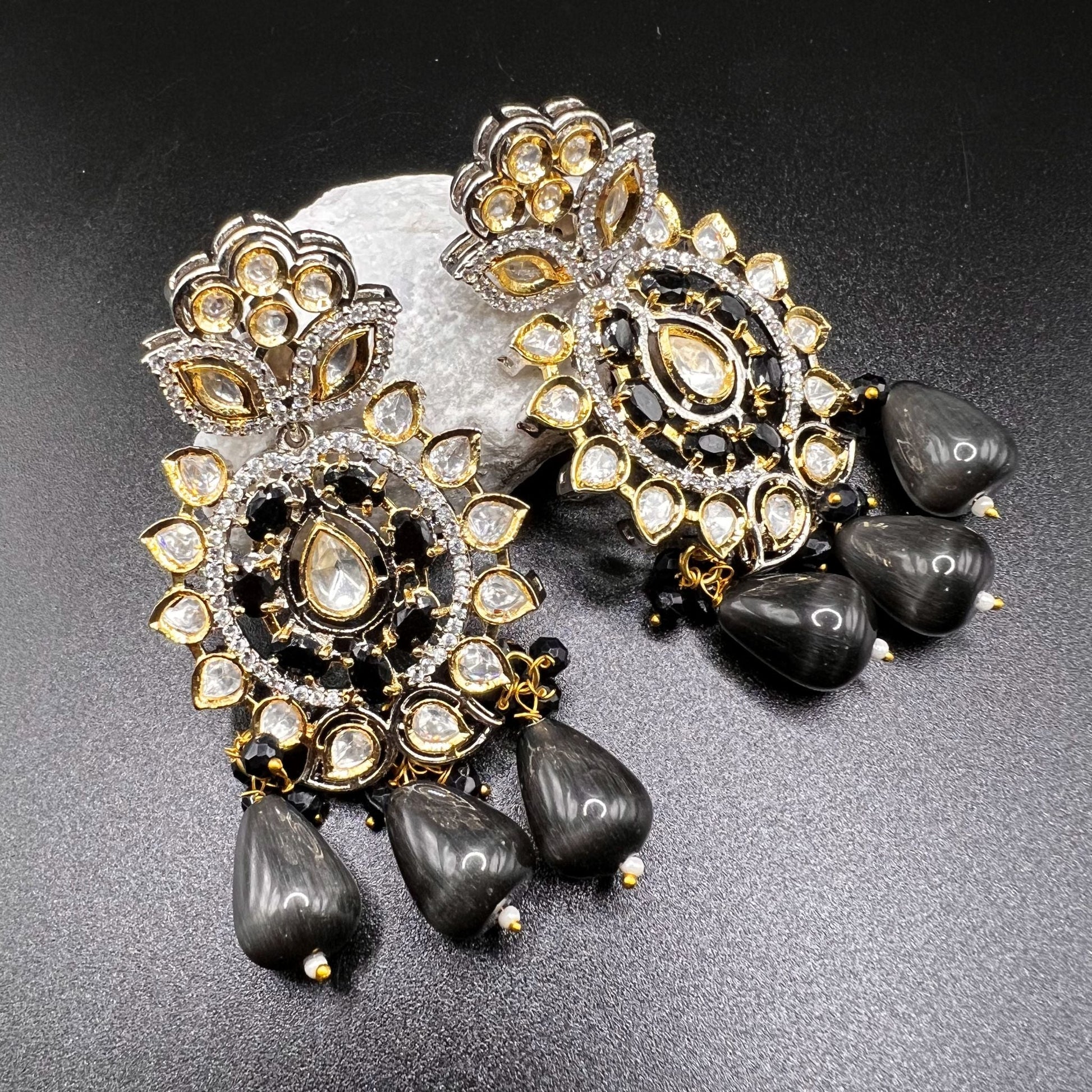 Fashion - Designer Festive Black Color Kundan/Polki Jewelry Chandelier Earrings