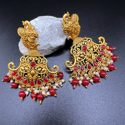 Fashion - Peacock Design Festive Red Color Antique Traditional Chandelier Earrings