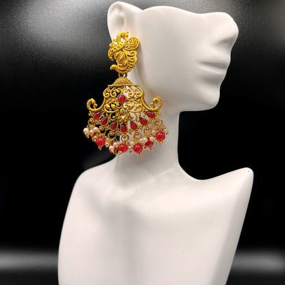 Fashion - Peacock Design Festive Red Color Antique Traditional Chandelier Earrings