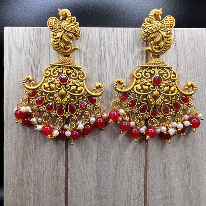 Fashion - Peacock Design Festive Red Color Antique Traditional Chandelier Earrings