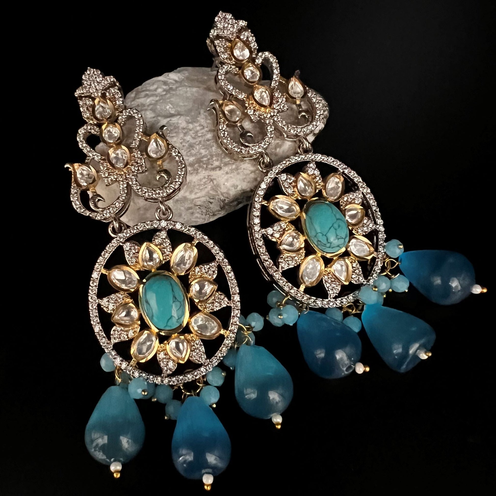 Fashion - Designer Festive Turquoise Blue Color Kundan/Polki Chandelier Earrings