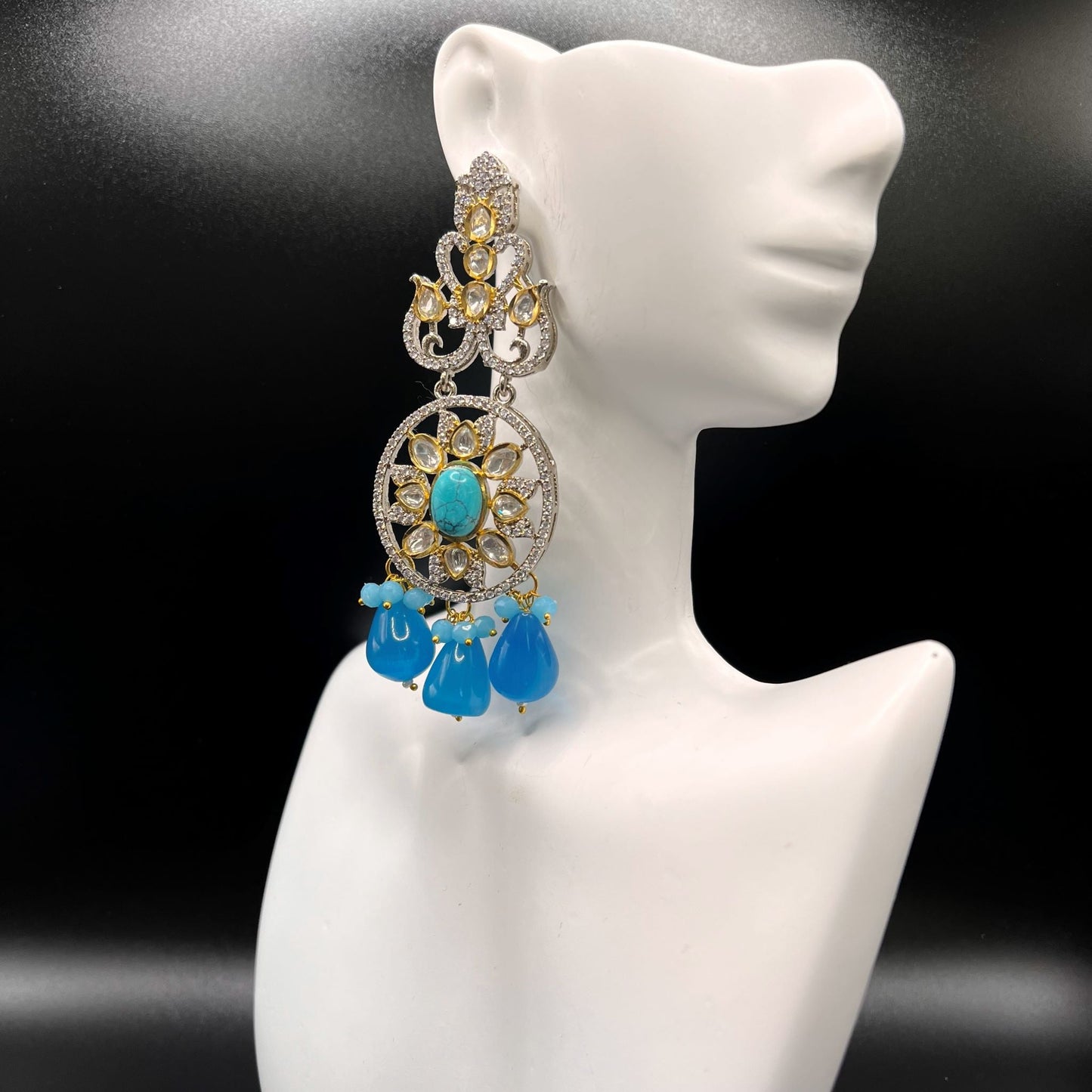 Fashion - Designer Festive Turquoise Blue Color Kundan/Polki Chandelier Earrings