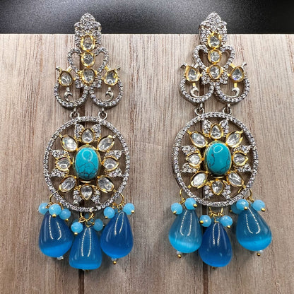 Fashion - Designer Festive Turquoise Blue Color Kundan/Polki Chandelier Earrings