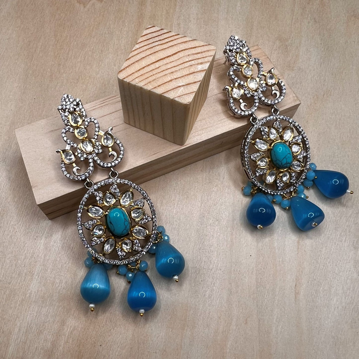 Fashion - Designer Festive Turquoise Blue Color Kundan/Polki Chandelier Earrings