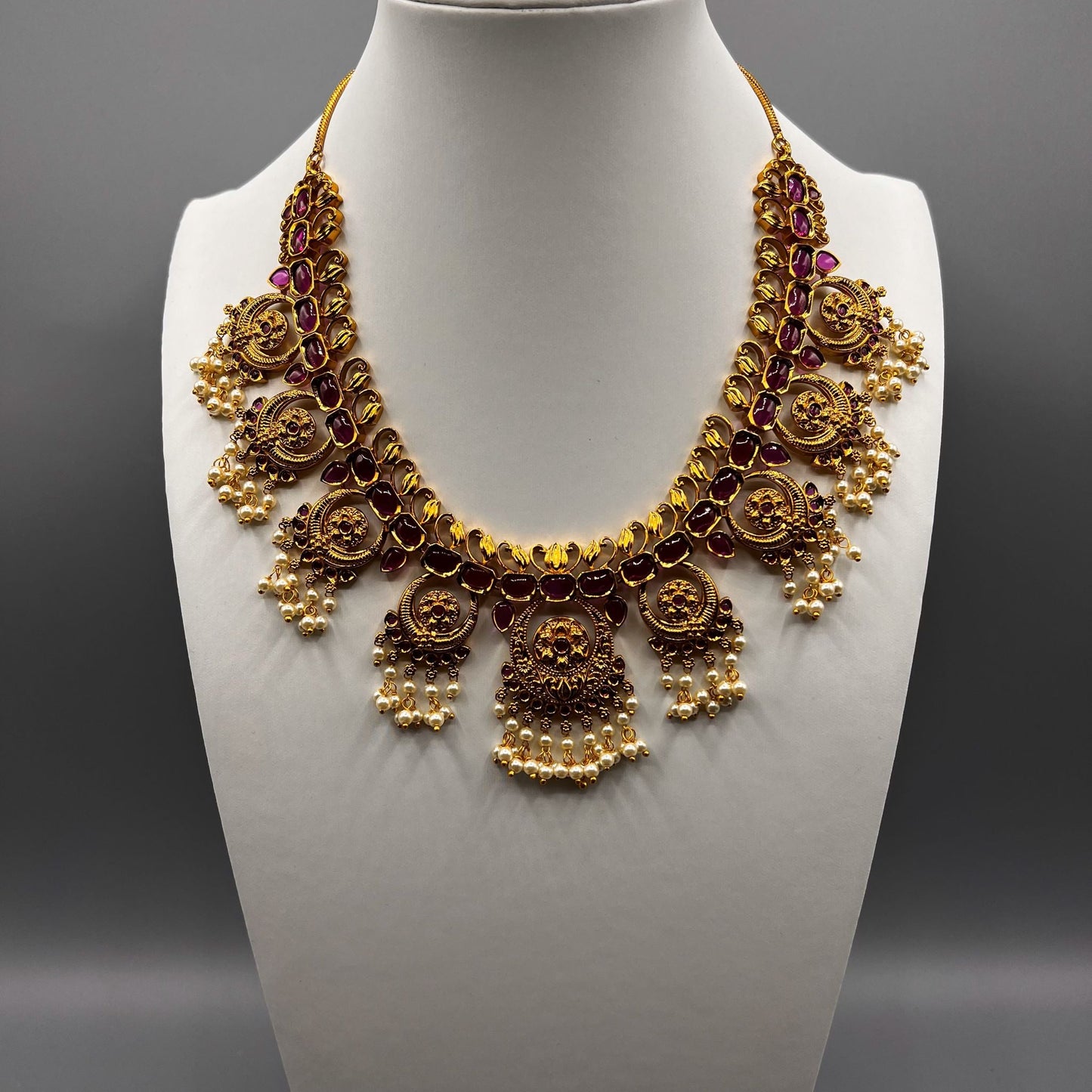 Fashion - Gold Replica Classic Ruby Pink Antique Traditional Necklace Set