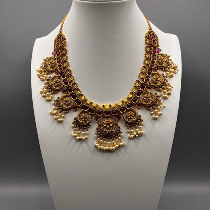 Fashion - Gold Replica Classic Ruby Pink Antique Traditional Necklace Set