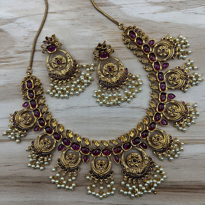 Fashion - Gold Replica Classic Ruby Pink Antique Traditional Necklace Set