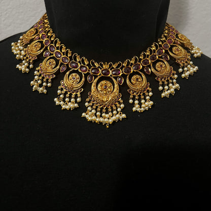 Fashion - Gold Replica Classic Ruby Pink Antique Traditional Necklace Set