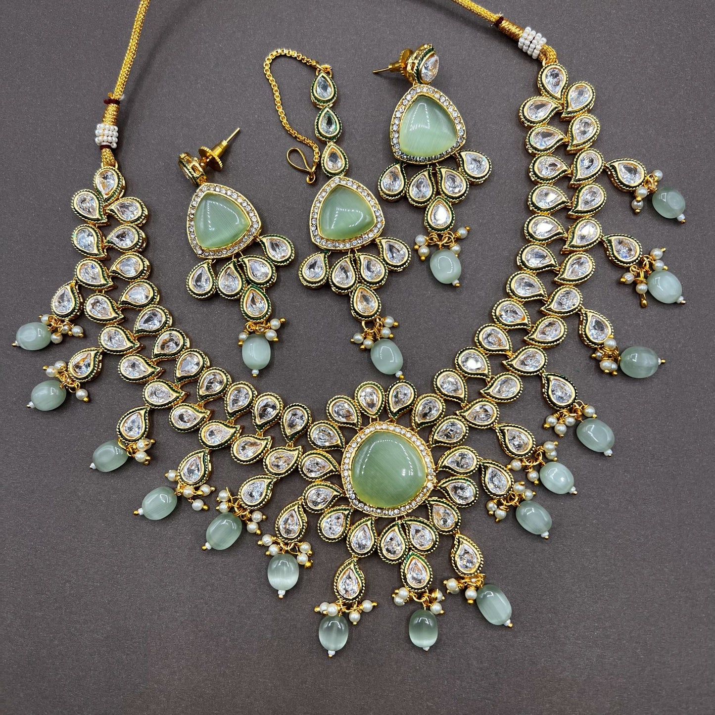 Fashion - Festive Style Mint Green Color Monalisa Stone Necklace Set With Gold Tone Plating