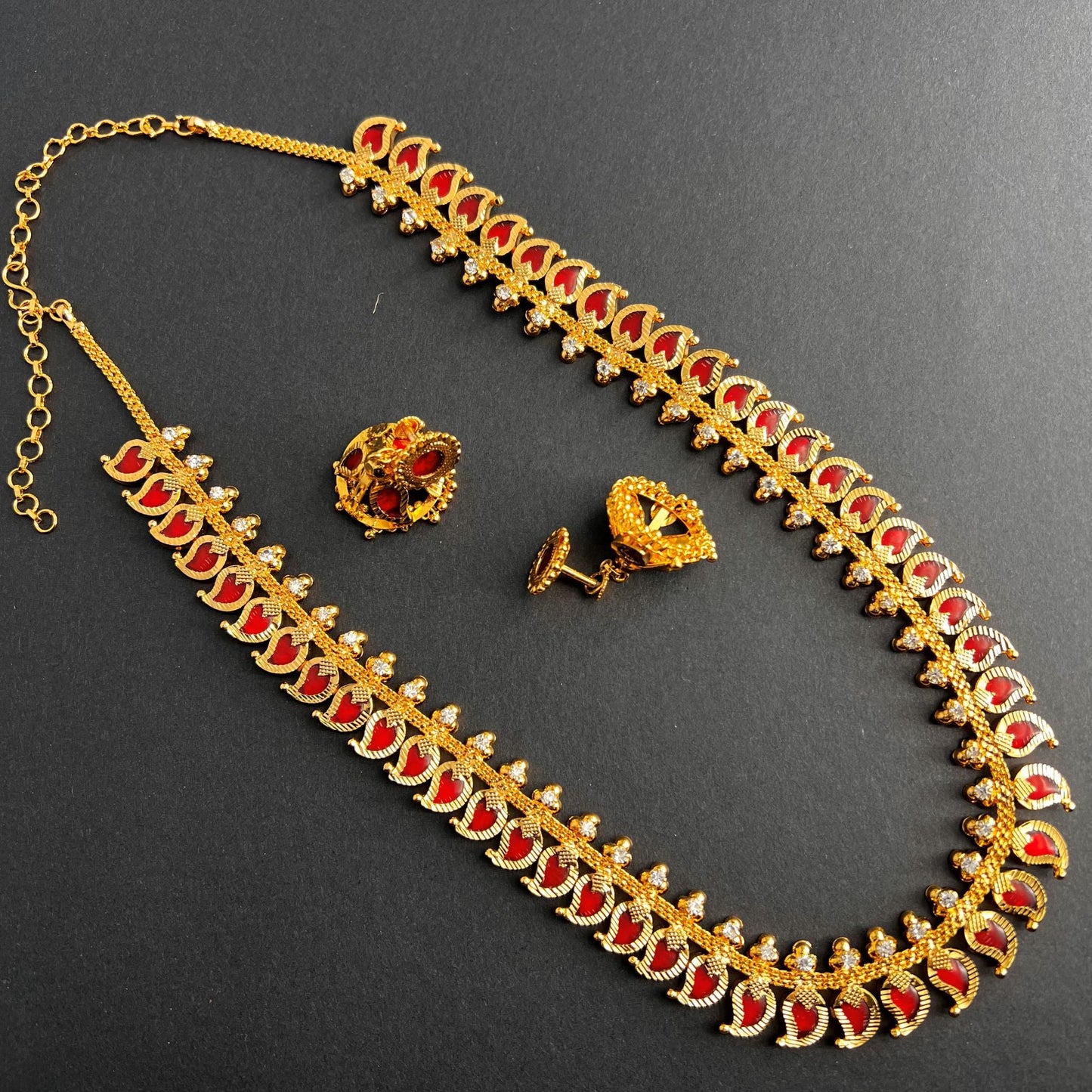 Fashion - Mango Design Classic Style Red Color Antique Traditional Necklace Set With Gold Tone Plating