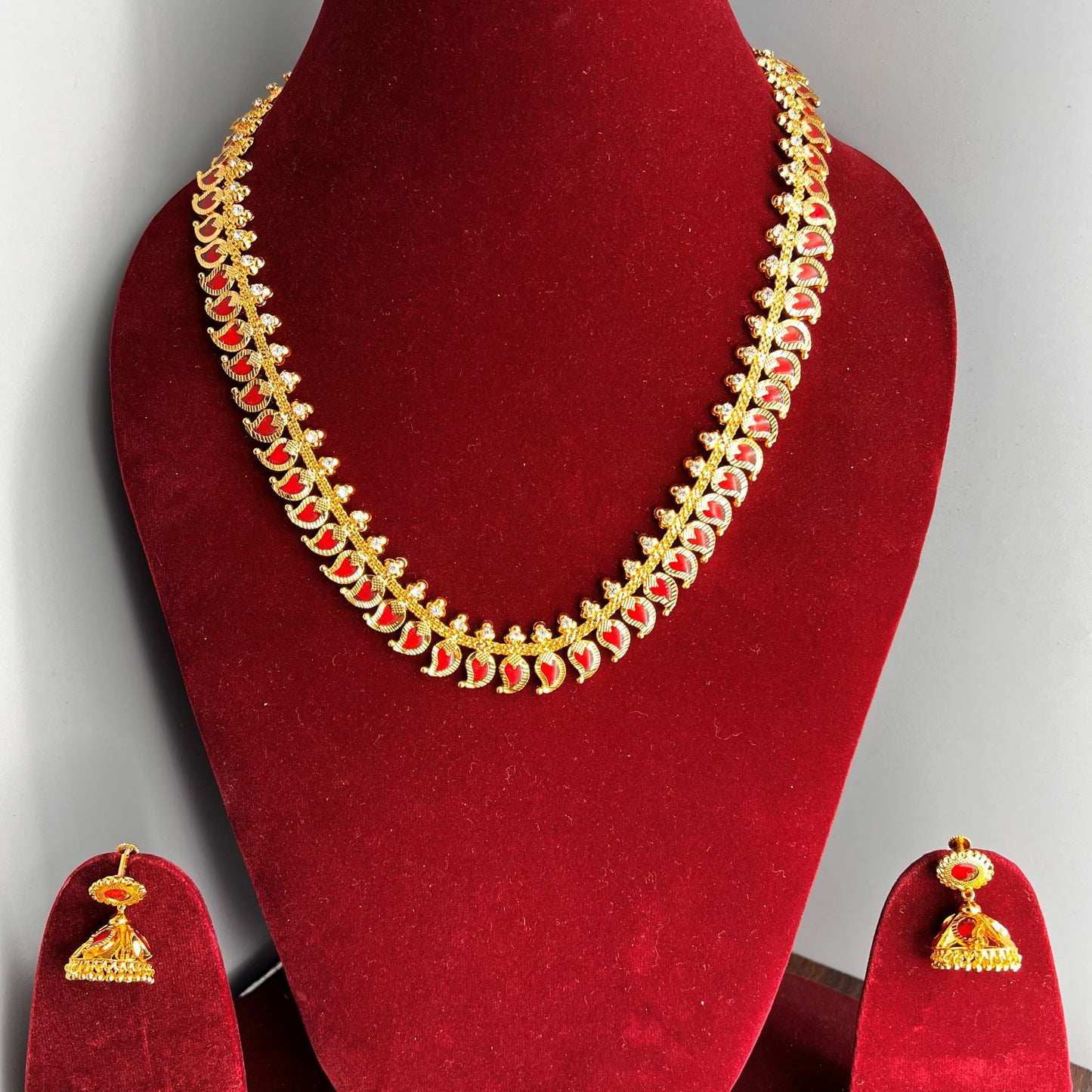 Fashion - Classic Red Mango Motif Design Antique Traditional Long Necklace Set