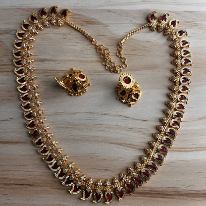 Fashion - Classic Red Mango Motif Design Antique Traditional Long Necklace Set