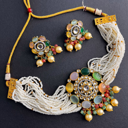 Fashion - Trendy Style Multi Color Antique Traditional, Bead Mix Necklace Set With Dual Tone Plating